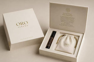 The Oro Sereno gift box, open, with the roll-on and pouch