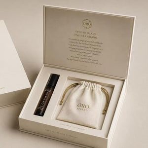 The Oro Sereno box, open, with the roll-on and pouch